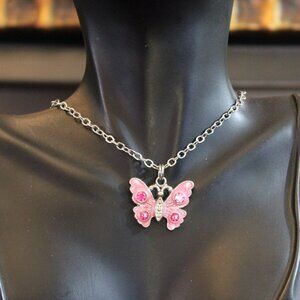 Sweet WY Pink Enamel Rhinestone Butterfly Pendant Necklace